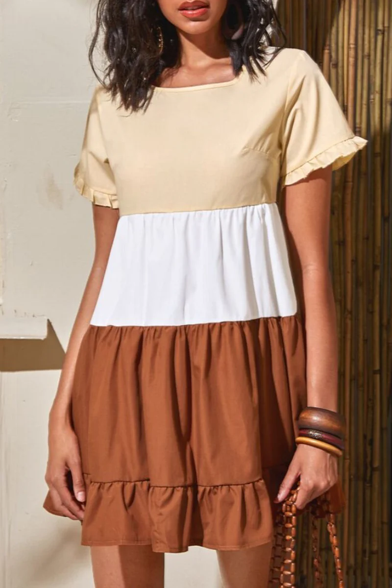 Color Block Split Joint Contrast O Neck Pleated Mini Dress